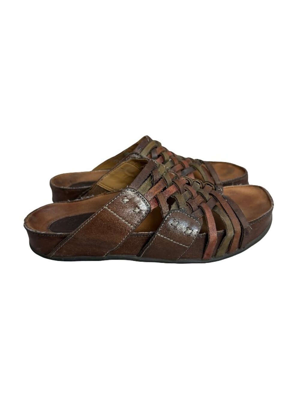 Kalso Earth Shoe Rhapsody Brown Olive Rust Woven Wedge Sandals Size 7 Women's